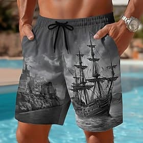 Men's Nautical Sailboat Grunge Texture Swim Trunks Swim Shorts Board Shorts Mid Waist Retro Vintage Outdoor Vacation Dailywear Side Pockets Mesh Lining Elastic