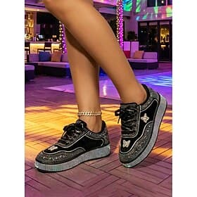 Women's Rhinestone Platform Sneakers - Black Velvet Trendy Shoes for Nightlife Parties