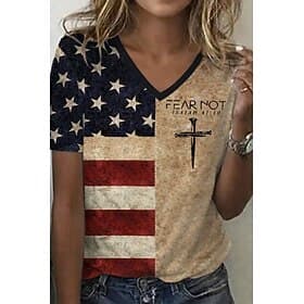 T-shirt patriote pour femmes du Jour de l'Indépendance graphique drapeau vintage chic classique à manches courtes col rond en V hauts réguliers quotidien impre