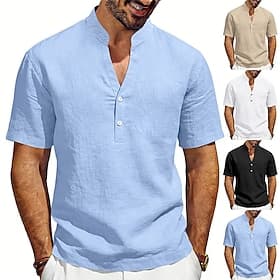 Men's Linen Shirt T Shirt Henley Shirt Short Sleeve Shirt Short Sleeve V Neck Summer Spring Solid Color Streetwear Stylish Casual Patchwork Buttons Plain Casua