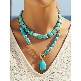Women's Bohemian Turquoise Layered Necklace, Faux Stone Bead  Gold Alloy Chain Choker with Teardrop Pendant, Boho Summer Beach Vacation  Daily Casual Jewelry