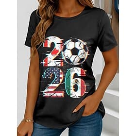 World Soccer Match 2026 Women's T Shirt Print Graphic Stylish Classic Casual Short Sleeve Crew Neck Regular Tops Daily Sports Black White Red Summer Spring