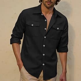 Men's Shirt Linen Shirt Summer Shirt Beach Wear Plain Casual Vacation Blue Black White Yellow Long Sleeve Turndown Summer Spring Clothing Apparel Front Pocket