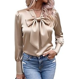 Women's Shirt Satin Shirt Blouse Bow Plain Stylish Classic Modern Long Sleeve Tie Neck Regular Tops Daily Holiday Going out Black White Champagne Pink Spring F