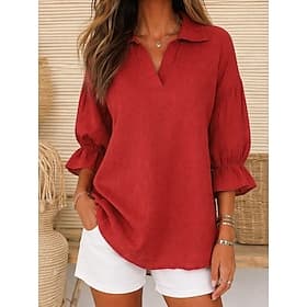 Per donna Camicie effetto lino Blusa Camicia in finto lino Tinta unica Elegante Casual Manica Lunga Colletto a Camicia Top Regolari Quotidiano Blu Rosso Blu ma