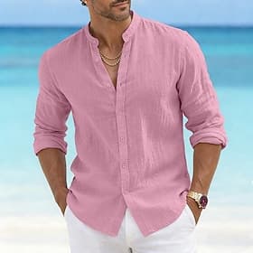 Men's Shirt Summer Shirt Beach Wear Button Up Shirt Plain Casual Daily Black White Pink Orange Long Sleeve Mandarin Collar Summer Spring  Summer Clothing Appar