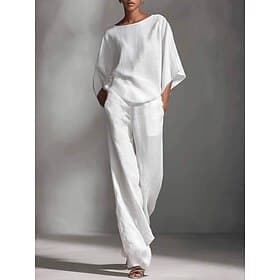 Women's Linen-feel Set Pants Sets 3/4 Length Sleeve Crew Neck Solid Color Fashion Streetwear Casual Daily Outdoor Black White Khaki Summer Regular Fit