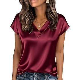 Femmes Haut en satin T-shirt Uni Élégant Mode Classique Manche Courte Col en V Hauts Réguliers Quotidien Sortir Week-end Champagne Or Vin Rouge Café Été Printe