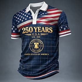 4th of July 2026 250th Men's American US Flag Polo Shirts Short Sleeve Polo Shirts Lapel Casual Athleisure Daily Wear Festival Wear 3D Print Buttons Spring  Su