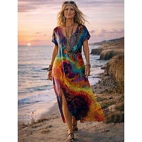Women's Maxi Dress Boho Dress Casual Dress A Line Dress Print Dress Vintage Outdoor Vacation Weekend Loose Fit Graphic Paisley Short Sleeve V Neck Rainbow Summ