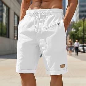 Men's Linen Shorts Summer Shorts Beach Shorts Drawstring Elastic Waist Zipper Pocket Plain Solid Comfort Soft Knee Length Daily Beach Fashion Chic  Modern Blue