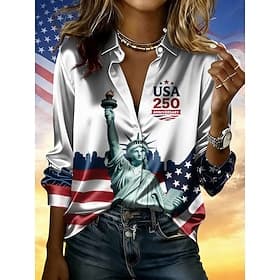 American 250th Independence Day Women's Shirt Satin Shirt Print American Flag Vacation Vintage Fashion Long Sleeve Shirt Collar Regular Tops Daily Holiday Goin thumbnail 2
