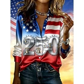 American Independence Day Women's Shirt Buttons Print Graphic American Flag Vintage Stylish Modern Long Sleeve Shirt Collar Regular Tops Daily Work Blue White