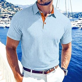 Men's Textured Waffle Knit Polo Shirt Casual Business Classic Short Sleeve Fashion Modern Solid Color Buttons Summer Spring Regular Fit Black White Navy Blue A