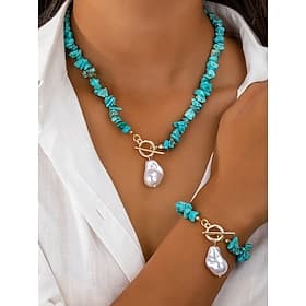Ensemble collier et bracelet pour femme, perles d'imitation et perles turquoise, multicolore, style bohème, parfait pour les vacances, les voyages, le quotidie