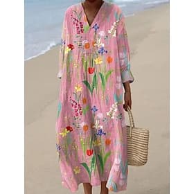 Femmes Robe maxi Robe fourreau Robe de Plage Robe Fleurie Mode Moderne Quotidien Extérieur Vacances Coupe Ample Fleuri manche longue Col en V Rose Claire Été P
