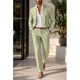 Pour des hommes Smoking Costumes en lin Mariage à la plage Occasionnel Vert Sauge Lilas Printemps, Automne, Hiver, Été Costume / Tailleur Léger Couleur Unie Co