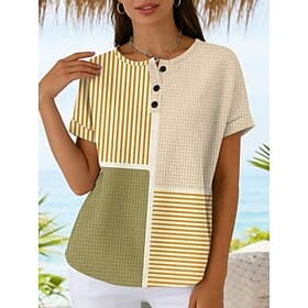 Women's Waffle T Shirt Color Block Print Graphic Geometric Vintage Stylish Classic Short Sleeve Crew Neck Regular Tops Daily Blue Yellow Pink Khaki Summer Spri