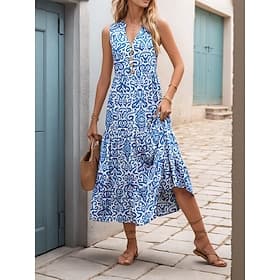 Femmes Robe Midi Robe bohème Robe Décontractée Robe Fleurie Élégant Mode Moderne Extérieur Vacances Sortir Coupe régulière Fleuri Sans manches Col en V Bleu Ja