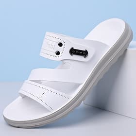 Men's White Slide Sandals Open-Toe Casual Slippers Adjustable Strap Comfort Summer Shoes for Beach Vacation, Resort  Poolside, Travel, Home Wear, Outdoor Leisu