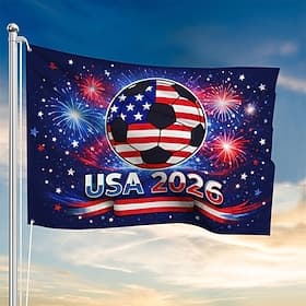 USA 2026 Soccer Celebration Flag - Patriotic Design with American Flag Soccer Ball, Fireworks, Stars, and USA 2026, Durable