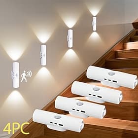4 Pcs Magnetic Smart Motion Sensor USB Rechargeable Night Lights, Tri-Color Dimmable with Stepless Brightness, 3 Lighting Modes, LED Lamps for Indoor Use, Stai