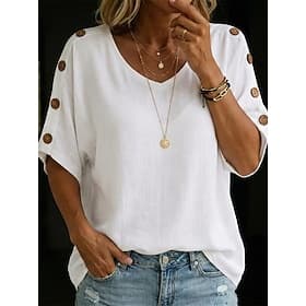 Women's Linen-feel T Shirt Tee Top Buttons Plain Fashion Stylish Classic Short Sleeve Crew Neck Regular Tops Daily Going out Weekend Blue White Yellow Army Gre