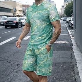 Men's Marble 2pcs Tees sets Summer Tops Short Sleeve Short Pants Crew Neck Sport Casual Trendy Outdoor Vacation Going out 3D Print Summer Blue Purple Green