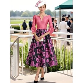 A-Line Tea Length Cocktail Dresses Party Dresses Flared Dress Elegant 3/4 Length Sleeve V Neck Garden Party Wedding Satin with Bow(s)