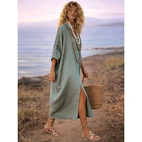 Per donna Abito Midi Vestito a caftano Moderno Quotidiano All'aperto Vacanza Vestibilità comoda Semplice Manica Lunga Colletto a Camicia Verde Estate Primavera