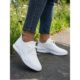 Witte gebreide sneakers voor dames – lichtgewicht, ademende sportschoenen met vetersluiting, casual wandelschoenen voor de sportschool, op reis en dagelijks ge