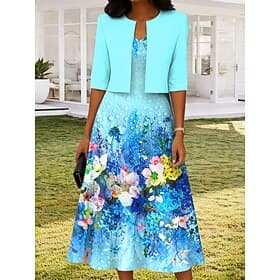 Women's Dress Set Midi Dress A Line Dress Elegant Casual Floral Graphic Print Midi Dress Half Sleeve V Neck Daily Blue Purple Green Summer Spring Regular Fit