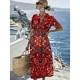 Mulheres Vestido midi Vestido de turno Vestidos Para o Verão Férias Casual Estilo Praia Diário Para Noite Normal Gráfico Geométrica Manga Curta Decote V Azul V