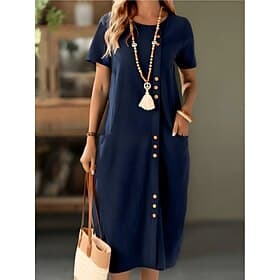 Women's Midi Dress Linen-feel Dresses Shift Dress Summer Dress Casual Daily Regular Fit Plain Short Sleeve Crew Neck Navy Black White Army Green Summer Spring