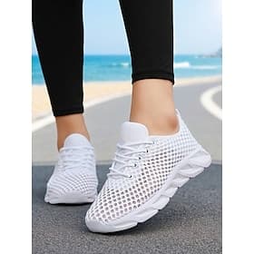 Women's White Breathable Mesh Running Sneakers, Lightweight Lace-Up Walking Shoes for Jogging, Travel, Gym  Everyday Comfort