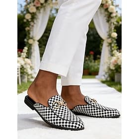 Men's Black and White Checkered Wedding Mule Loafers Rhinestone Buckle Slip-On Dress Shoes for Groom, Groomsmen, Wedding Reception, Garden Wedding, Formal Part