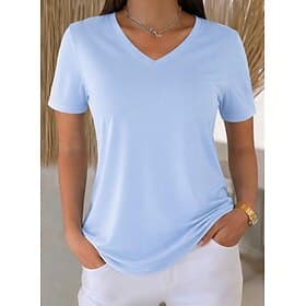 Women's T Shirt Solid Color Vintage Stylish Casual Short Sleeve V Neck Long Tops Daily Going out Hot Pink Black White Pink Navy Blue Summer Spring