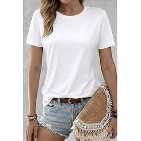 Damen T-Shirt 100% Baumwolle Einfarbig Klassisch Lässig Kurzarm Rundhals Reguläre Oberteile Alltag Ausgehen hellorange Teal Schwarz Weiß Rosa Sommer Frühling