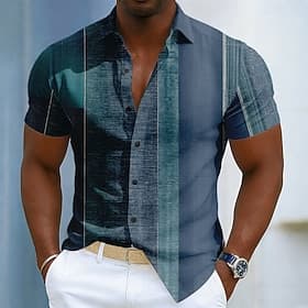 Men's Geometric Striped Color-blocking Shirt Button Up Shirt Short Sleeve Fashion Casual Daily Outdoor Vacation Summer Spring Turndown 3D Print Linen Like Shir