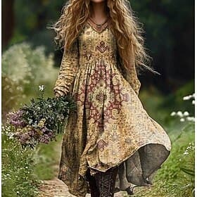 Robe bohème pour femme, robe longue à fleurs, col en V, robe vintage, robe imprimée, mode, moderne, été, printemps