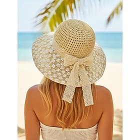 Women's Boho Woven Sun Hat with Bow, Lightweight Wide Brim Summer Beach Cap for Casual Wear, Travel, Vacation, Resort and Outdoor Leisure Styling