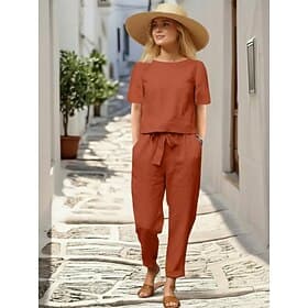 Women's Linen-feel Set Pants Sets Short Sleeve Crew Neck Plain Drawstring Active Streetwear Daily Outdoor Vacation Khaki Army Green Red Summer Loose Fit