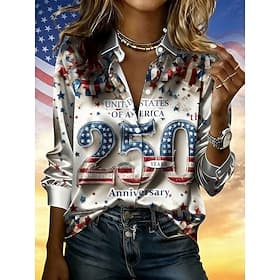 American 250th Independence Day Women's Shirt Satin Shirt Print American Flag Vacation Fashion Daily Long Sleeve Shirt Collar Regular Tops Daily Holiday Going