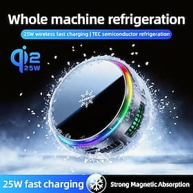25W Magnetic Wireless Charger  Phone Cooler, TEC Semiconductor Refrigeration Radiator with RGB Light, Fast Charging Cooling Fan Compatible with iPhone 17/16/15