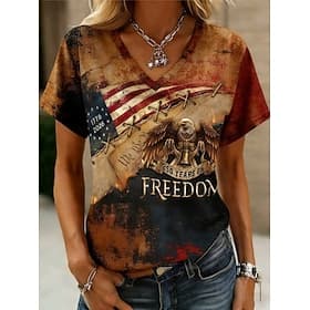 American Independence Day Women's T Shirt Print Graphic American Flag Vintage Stylish Classic Short Sleeve V Neck Regular Tops Daily Light Brown Summer Spring