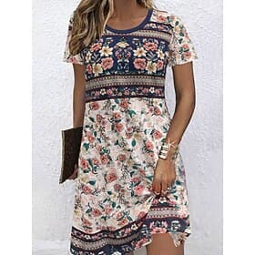 Femmes Robe Midi Robe fourreau Robe T-Shirt Robe d'été Occasionnel Quotidien Coupe régulière Fleuri Graphique Tribal Manche Courte Col ras du cou Bleu Rouge Ét