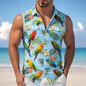 Per uomo Fiori tropicali Pappagallo Foglia di palma Camicia Camicia hawaiana estiva Camicia Aloha Senza Maniche Resort Vacanza al Mare Estate Primavera Collo r