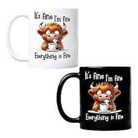 It's Fine Highland Cow Mug, Funny 350ml/11oz Ceramic Cow Coffee Cup for Milk Hot Tea or Hot Chocolate, Unique Home Office Table Animal Tea Cup Gifts for Cowork