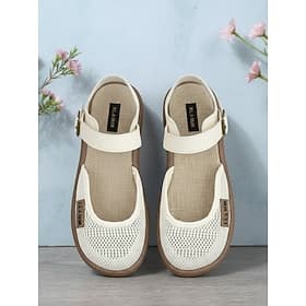 Women's Beige Mesh Mary Jane Flats – Breathable Lightweight Sandals with Adjustable Strap, Casual Summer Shoes for Travel, Garden and Daily Wear