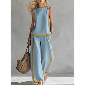 Women's Linen-feel Set Two Piece Sets Vest Sleeveless Round Neck Color Block Fashion Streetwear Casual Daily Outdoor White Wine Navy Blue Summer Regular Fit